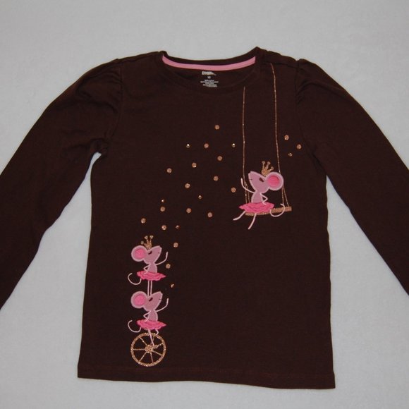 Gymboree Girls Size 10, Brown Long Sleeve Shirt w Sparkly Circus Mice Applique - Picture 1 of 6